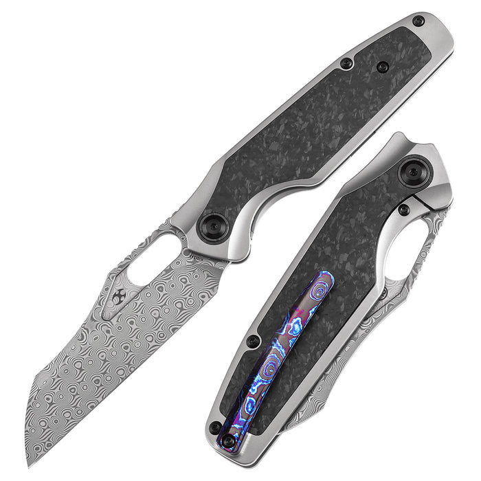 KANSEPT Tuckamore Thumb Hole Knife Titanium and Shred Carbon Fiber Brown Micarta Handle (3.54" Damascus Blade) with Timascus Clip -K1052A5