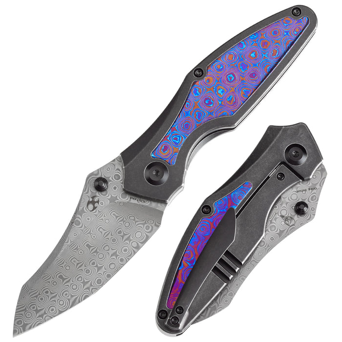 KANSEPT Baba Yaga Thumb Studs Blackwash Titanium with Timascus Inlay Handle (3.06''Damascus Blade ) Sparrow Knife Design -K1074A8