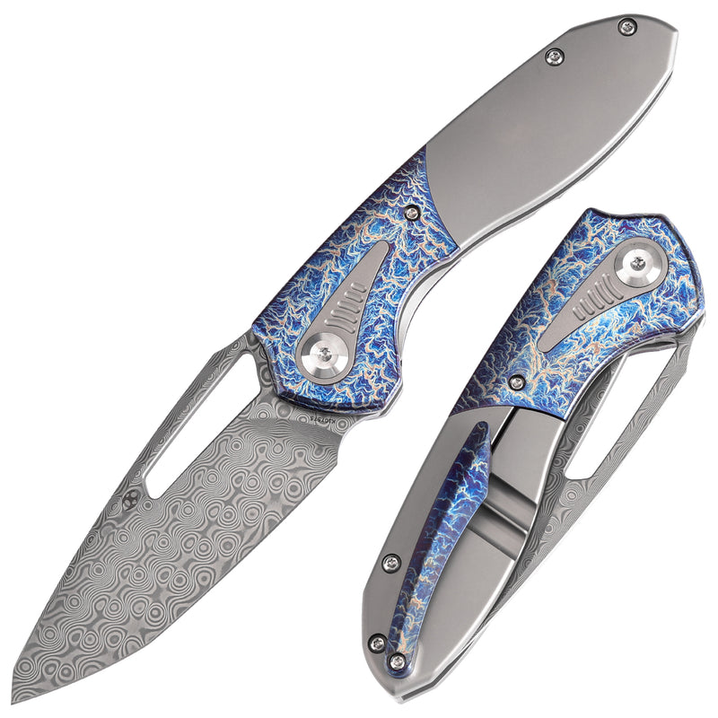 KANSEPT Thoth Thumb Hole Knife Bead Blasted Titanium and Lightning Strike Finished Titanium InlayHandle (3.43''Damascus Blade ) Sparrow Knife Co Design -K1075T5