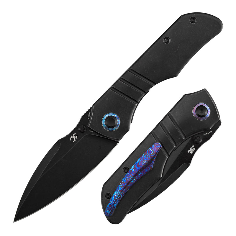 Kansept Mini Lanza | Thumb Stud | Blackwash Titanium &Timascus Pocket Clip | 3.31" CPM 20CV Blade | Brandon Corbin Designed | K1116A2