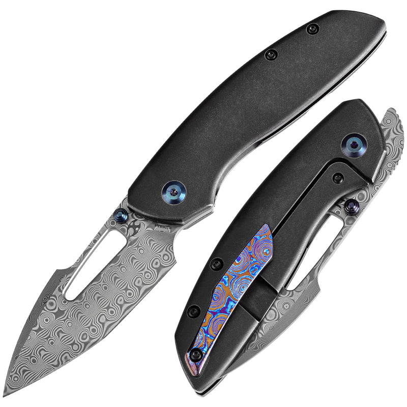 KANSEPT Link Thumb Studs Blackwash Titanium Handle with Timascus Clip (3.0''Damascus Blade )Johnathan Shaw Design-K1068A4