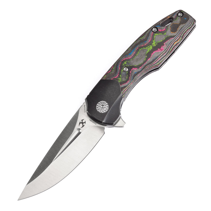 KANSEPT Cassowary Flipper Black Stonewashed Titanium and 80S Camo Carbon Fiber Handle (2.9''CPM S35VN Blade ) Koch Tools Design -K2065B1