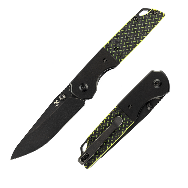 KANSEPT Warrior T1005S2 Black TiCn Coated and Stonewashed Drop Point D2 Blade Black Anodized Aluminum Bolster + Black and Green G10 Handle with Kim Ning Design
