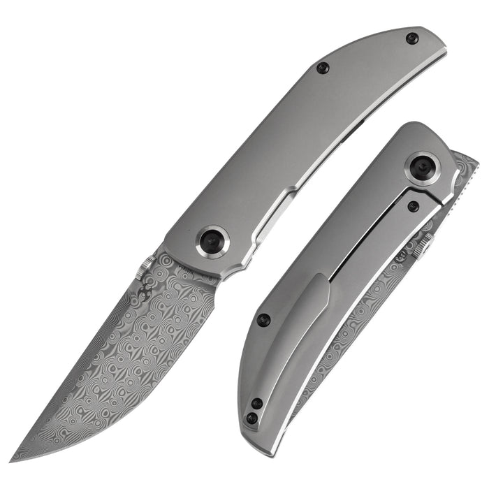 KANSEPT Tarkin Frame Lock Bead Blasted Titanium Handle (3.36'' Damascus Blade) Matthew Christensen Design - K1078A4