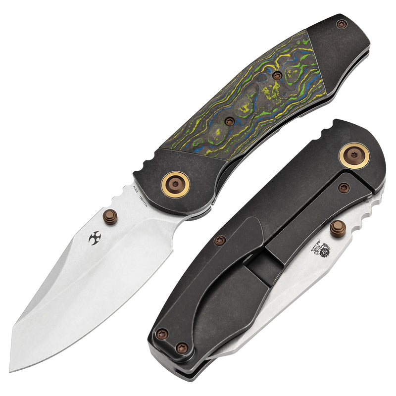 KANSEPT Caveman Thumb Stub Blackwash Titanium with Gecko CamoCarbon Handle (3.57" CPM 20CV Blade) with Jesse Pauley Design-K1110B1