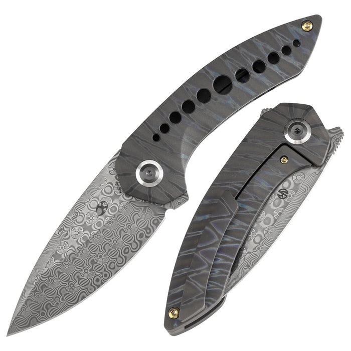 KANSEPT ODD 21 Front Flipper Titanium with Tiger Stripe Finish Handle (3.08'' Damascus Blade) Tuffknives Design -K1077A5