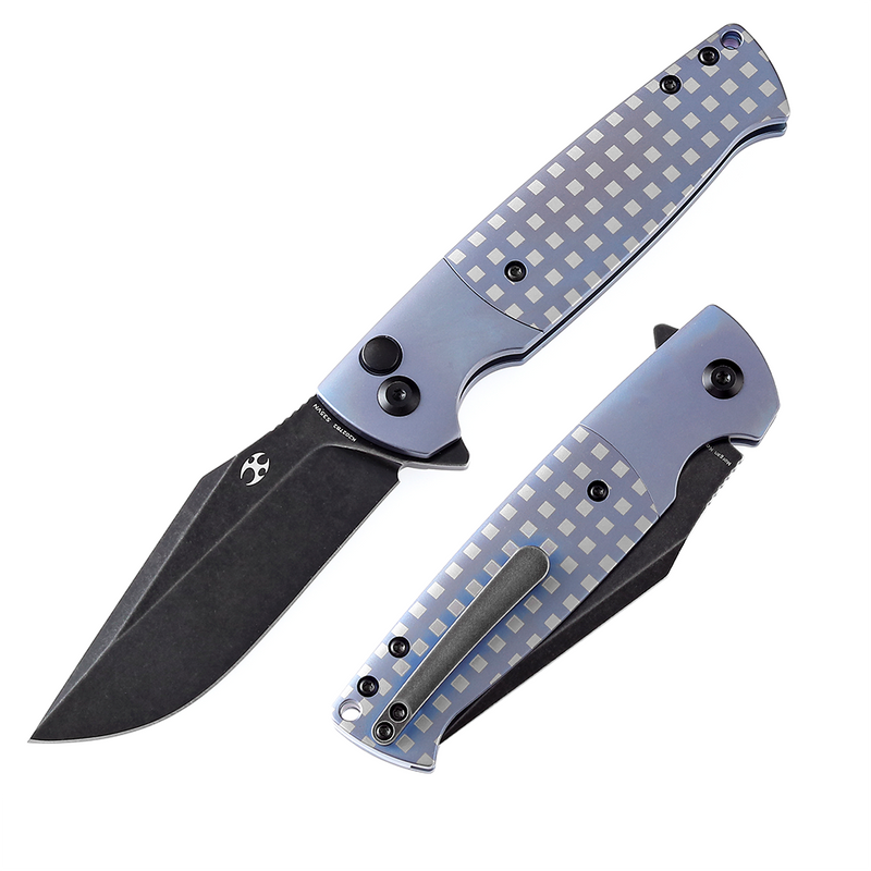 Shikari SBL  Button Lock K2027B2 Black Stonewashed CPM S35VN Blade Blue Anodized Titanium with White Square Pattern Handle with Morgan Koens Dessign