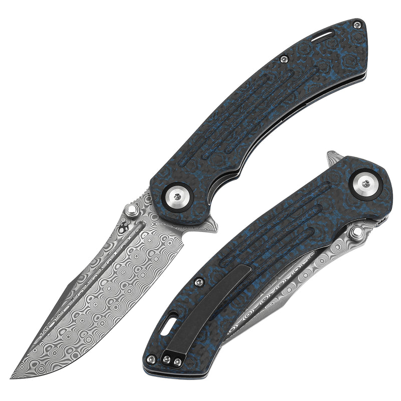 KANSEPT Pretatout Thumb Stub Flipper Blue Rose Pattern Carbon Fiber Handle (3.56“ Damascus Blade) with Kmaxrom Design-K1032A4