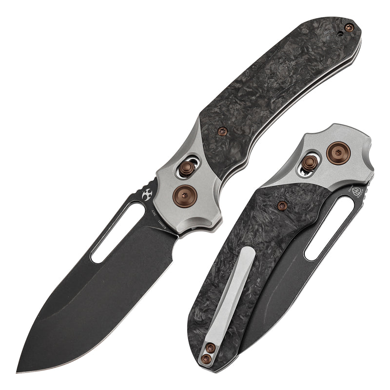 KANSEPT Quasar Cross Bar Lock Stonewashed Titanium with Dark Matter Glow FatCarbon Handle (3.38" CPM 20CV Blade) with Munko Knives Design-K1099V1