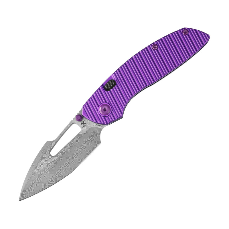 Link | Top Liner Lock | Purple Aluminum with Milled Grooves | 2.98" Damascus | Triple Stripe Knives | T1068H2