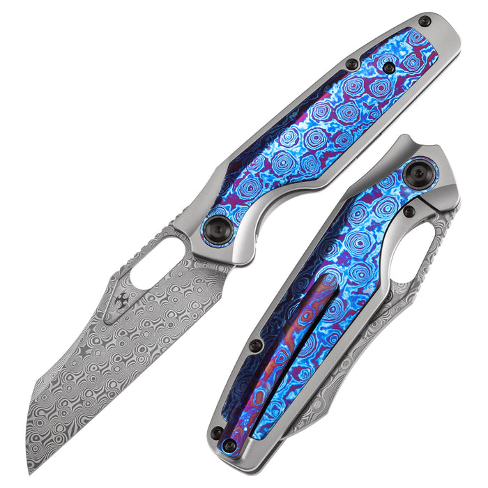 KANSEPT Tuckamore Thumb Hole Knife Titanium and Timascus Handle (3.54" Damascus Blade) with Timascus Clip -K1052A7