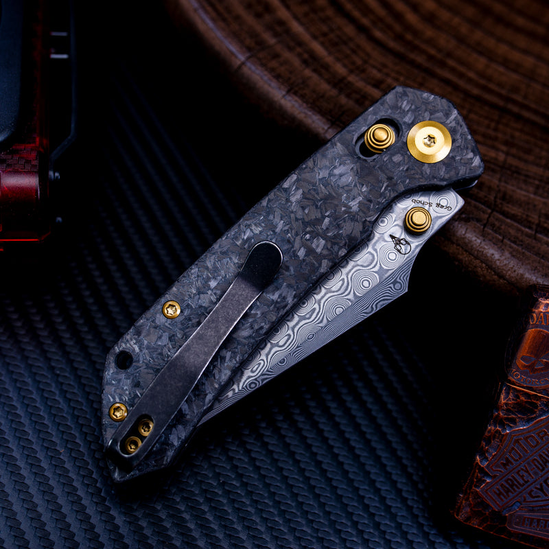 KANSEPT Fenrir Crossbar Lock Knife Shred Carbon Fiber Handle (3.48'' Damascus Blade) Greg Schob Design - K1034V1