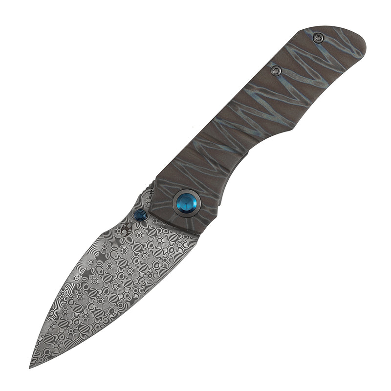 Kansept Mini Lanza | Thumb Stud | Titanium with Tiger Strip Finish | 3.31" Damascus Blade | Brandon Corbin Designed | K1116A4