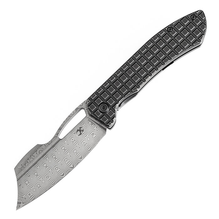 KANSEPT Cybin Thumb Hole Blackwash Titanium with Frag Pattern Handle (3.29''Damascus Blade ) Edgy Bladeworks Design -K1080A2