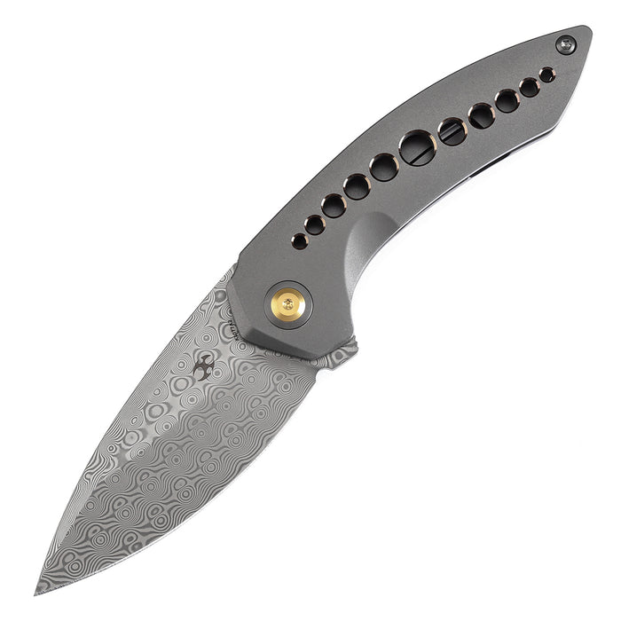 KANSEPT ODD 21 Front Flipper Grey Anodized Titanium with Bronze Holes Handle (3.08'' Damascus Blade) Tuffknives Design -K1077A2