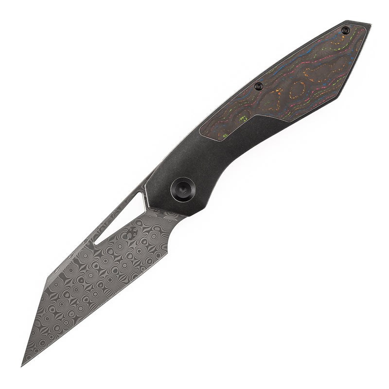 KANSEPT STRIP | Thumb Hole | 80S Camo Carbon Fiber+Blackwash Titanium | 3.4" Damascus Blade | RON STEELE DESIGN | K1113A4