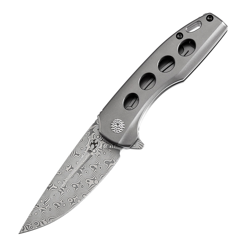 KANSEPT Cassowary Flipper Knife Grey Anodized Titanium Handle (2.9'' Damascus Blade) Koch Tools -K2065A4