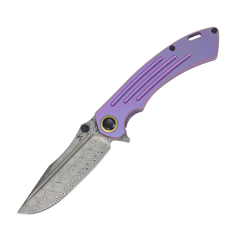 Pretatout | Frame Lock | Purple Titanium Handle | 3.56" Damascus Blade | Kmaxrom Design | K1032D5