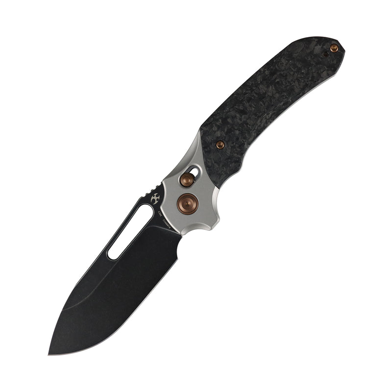 Quasar | Cross Bar Lock | Stonewashed Titanium & Shred Carbon Fiber | 3.38" CPM 20CV | Munko Knives | K1099V11