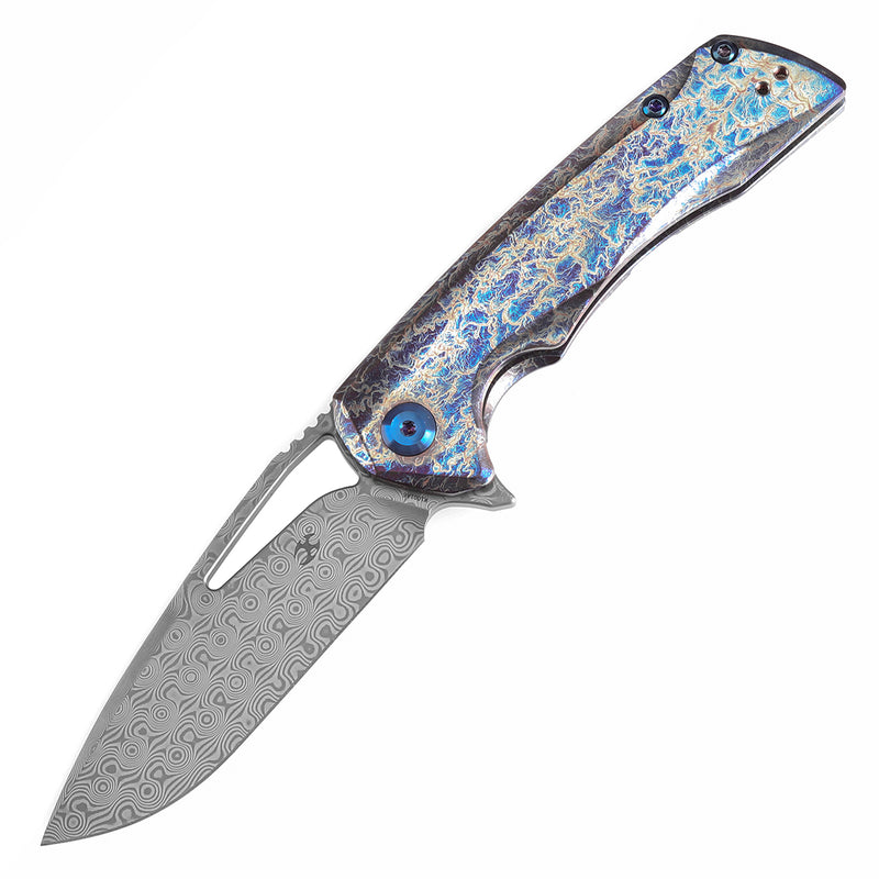KANSEPT KRYO Thumb Hole Titanium with Lightning Strike Finish Handle (3.58" Damascus Blade) Kim Ning Design-K1001A6