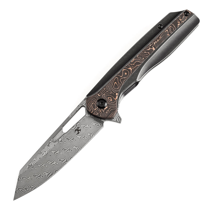 KANSEPT Shard K1006C2 Damascus Blade Blackwashed Titanium and Copper Carbon Fiber Handle With Kim Ning Design