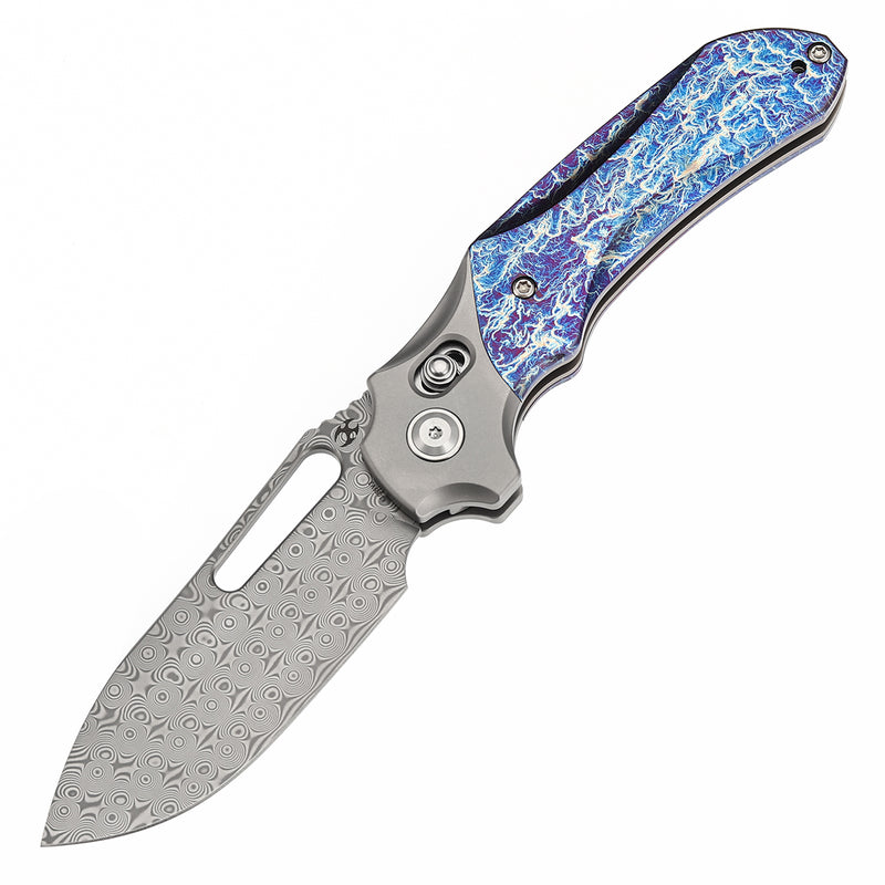KANSEPT Quasar Cross Bar Lock Stonewashed Titanium and Titanium Inlay with Lightning Strike Finish Handle (3.38" Damascus Blade) with Munko Knives Design-K1099V3