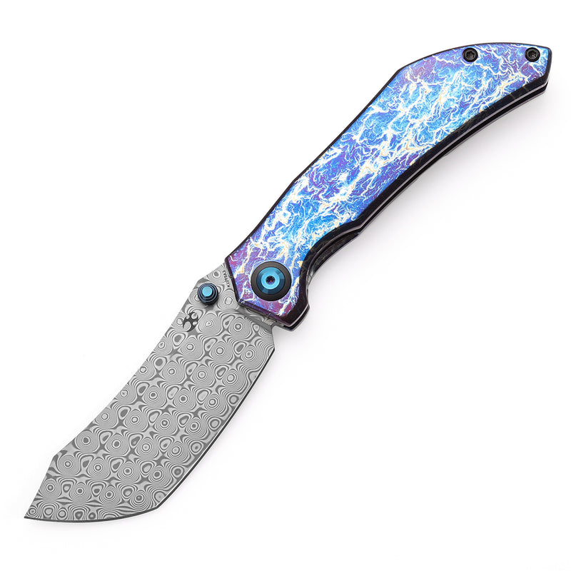KANSEPT Tipper Thumb Stub Knife Titanium with Lightning Strike Finish Handle(3.38'' Damascus Blade)Edgy Bladeworks Design-K1079A3