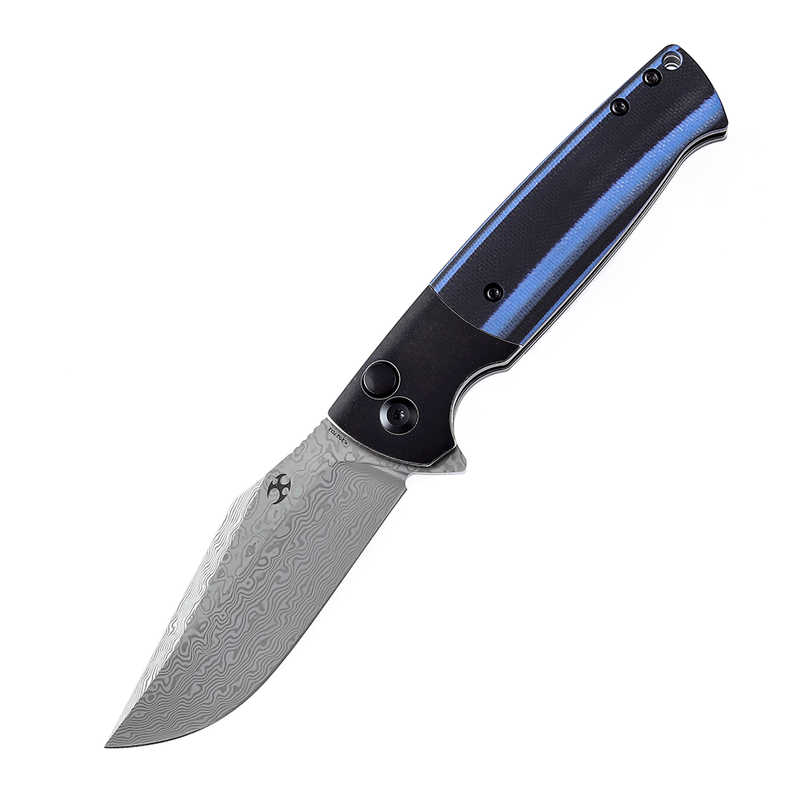 Shikari SBL  Button Lock K2027D2 Damascus Blade Black Stonewashed Titanium +Blue Black G10 Handle with Morgan Koens Dessign