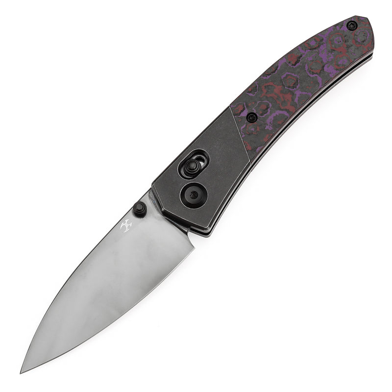 KANSEPT Dako Cross Bar Lock Blackwash Titanium with Purple Haze Fatcarbon Handle (3.19" Mirror DLC CPM S35VN Blade) with Eddy M Design-K1101V3