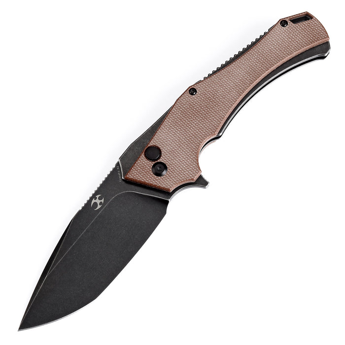 KANSEPT Hellx Button Lock Brown Micarta Handle (3.6''D2 Blade )Mikkel Willumsen Design -T1008F2