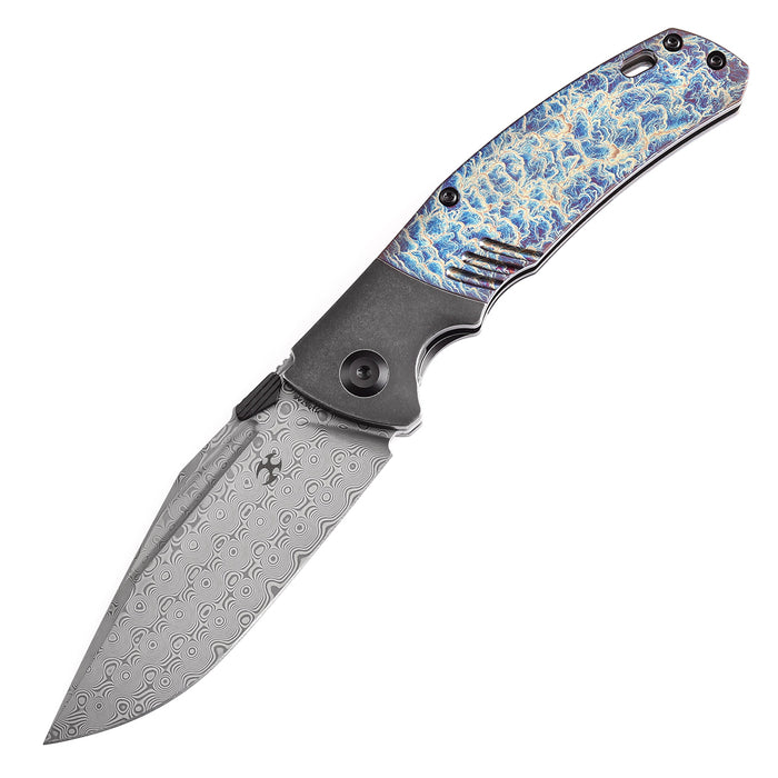 KANSEPT Hinterland Thumb Stub Blackwash Titanium and Lightning Strike Finished Titanium Inlay Handle (3.58" Damascus Blade) Morgan Koens Design-K1057A6