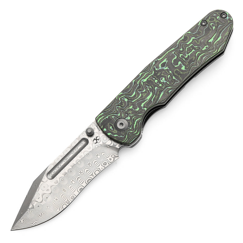 KANSEPT Superhawk Thumb Stub Knife Blackwash Titanium & Green Carbon Fiber Handle(3.89''Damascus Blade) Warhawk Knives Design-K1084B3