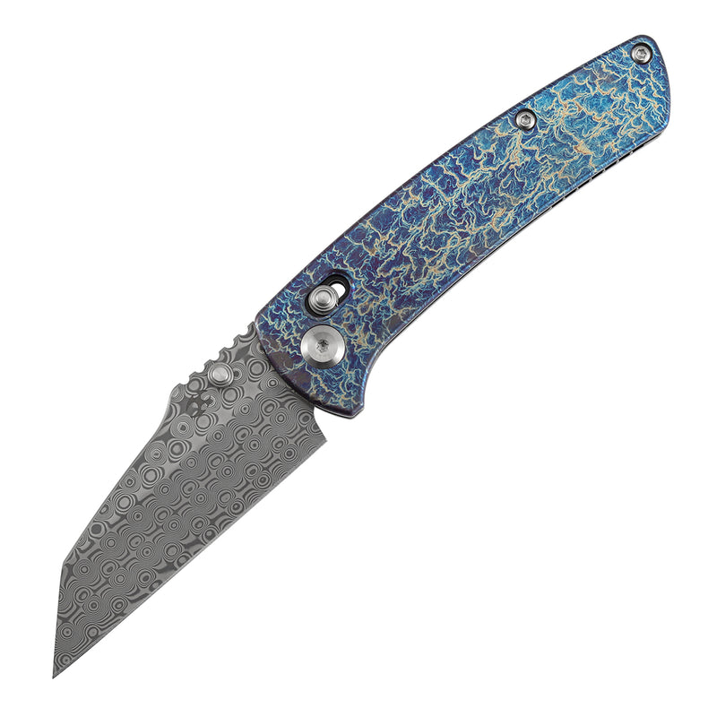 Kansept Main Street | Crossbar Lock | Titanium  with Lightning Strike Finish | 3.36" Damascus Blade | Pinkerton Knives | K1015V6