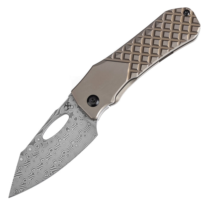 KANSEPT Loki Thumb Hole Knife Bronzed Anodized Titanium with Frag Pattern Handle (2.99''Damascus Blade)Steven Dunnuck Design-K1058B5