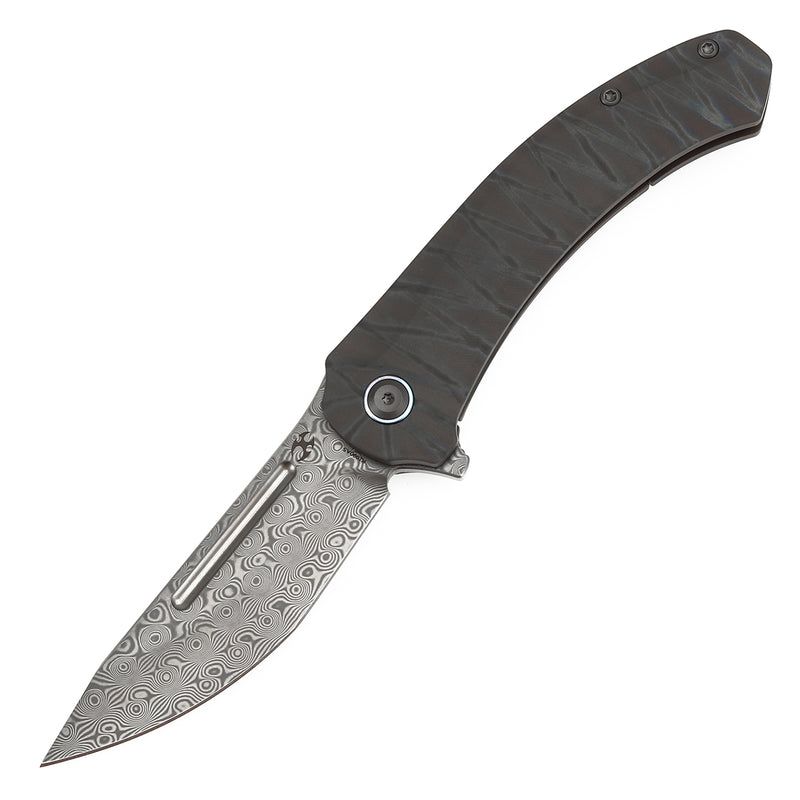 KANSEPT Hira Flipper Tiger Stripe Flamed Titanium Handle (3.46" Damascus Blade) with Marco Knives Design-K1090A5