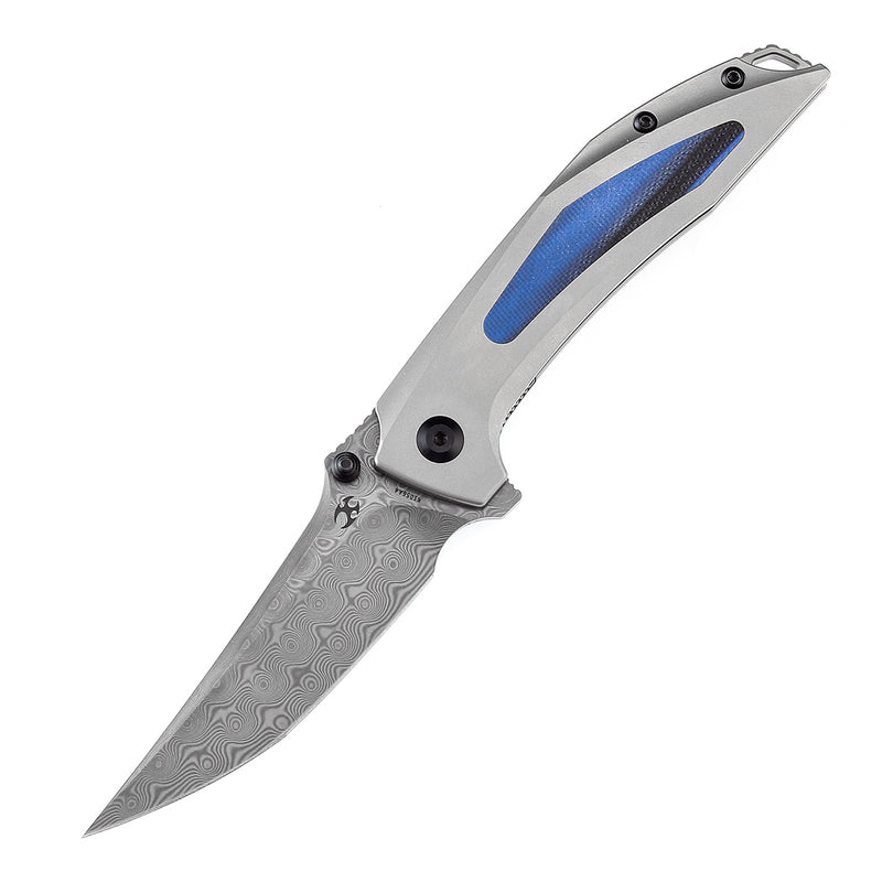 KANSEPT Baku Flipper/Thumb Hole Knife Titanium + G10 Inlay Handle (3.2'' Damascus Blade) Sparrow Knife Co Design-K1056A4