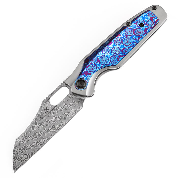 KANSEPT Tuckamore Thumb Hole Knife Titanium and Timascus Handle (3.54" Damascus Blade) with Timascus Clip -K1052A7