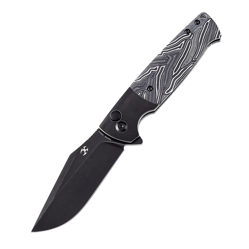 Shikari SBL Button Lock K2027B1 Black Stonewashed CPM S35VN Blade Black Stonewashed Titanium +Black White Gmascus Handle with Morgan Koens Dessign