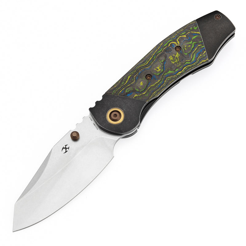 KANSEPT Caveman Thumb Stub Blackwash Titanium with Gecko CamoCarbon Handle (3.57" CPM 20CV Blade) with Jesse Pauley Design-K1110B1