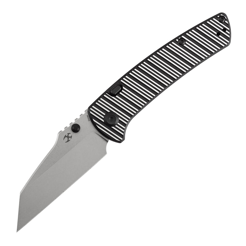 Kansept Main Street | Top Liner Lock | Black and Plain Aluminum with Stripes | 3.36" Elmax Blade | Pinkerton Knives Design |K1015H4