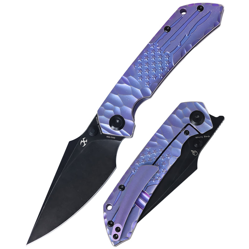 Kansept Exclusive Fenrir  | Frame Lock | Purple Anodized Titanium with CNC-machined American Flag Pattern | 3.48'' CPM S35VN Blade | Sparrow Knife Design | K1034C6