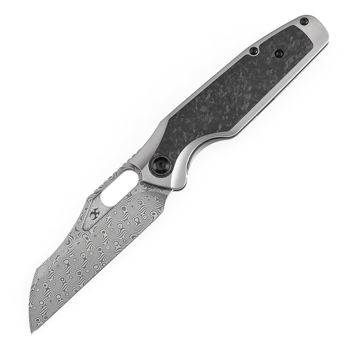 KANSEPT Tuckamore Thumb Hole Knife Titanium and Shred Carbon Fiber Brown Micarta Handle (3.54" Damascus Blade) with Timascus Clip -K1052A5