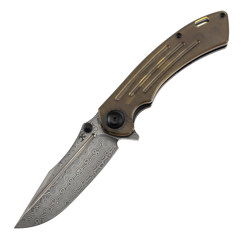 KANSEPT Pretatout Thumb Stub Flipper Amber PEI/Ultem Handle (3.56“ Damascus Blade) with Kmaxrom Design-K1032D4