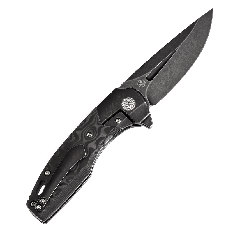 KANSEPT Cassowary Flipper Black Stonewashed Titanium and Black Rose Pattern Carbon Fiber Handle (2.9''CPM S35VN Blade ) Koch Tools Design -K2065B3