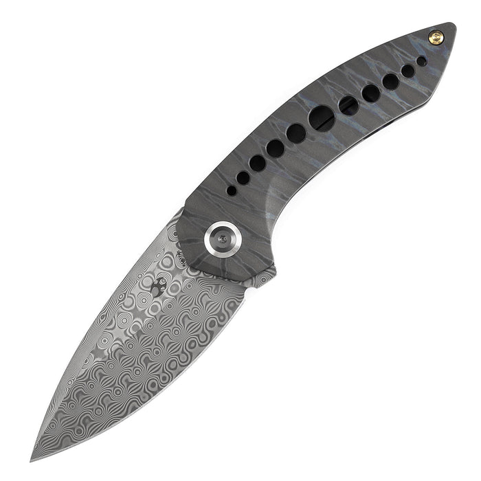 KANSEPT ODD 21 Front Flipper Titanium with Tiger Stripe Finish Handle (3.08'' Damascus Blade) Tuffknives Design -K1077A5