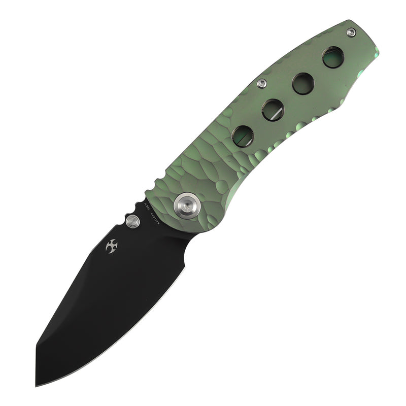 Kansept Caveman | Frame Lock | Green Anodized and Stonewashed Titanium with CNC-machined Rock Pattern | 3.57" CPM 20CV Blade |  Jesse Pauley Designed | K1110A3