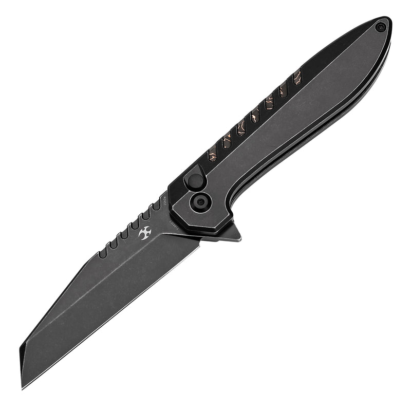 KANSEPT Kosame Button Lock Blackwash Titanium with Copper Carbon Fiber Inlay (3.37" 154CM Blade) with EI Spade Design-T1093F3