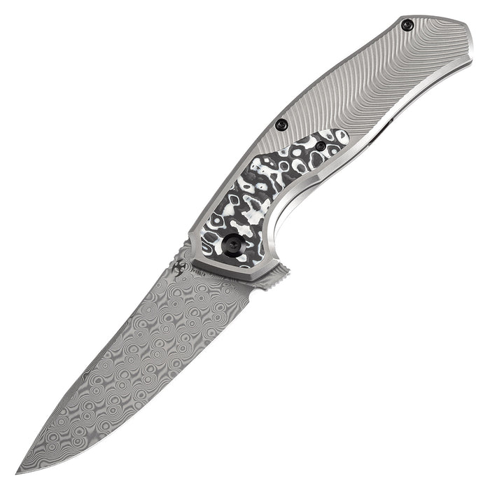 KANSEPT HAVØRN Flipper Titanium with Black and White Carbon Fiber Inlay Handle (3.48''Damascus Blade )Djinn Design -K1069A1