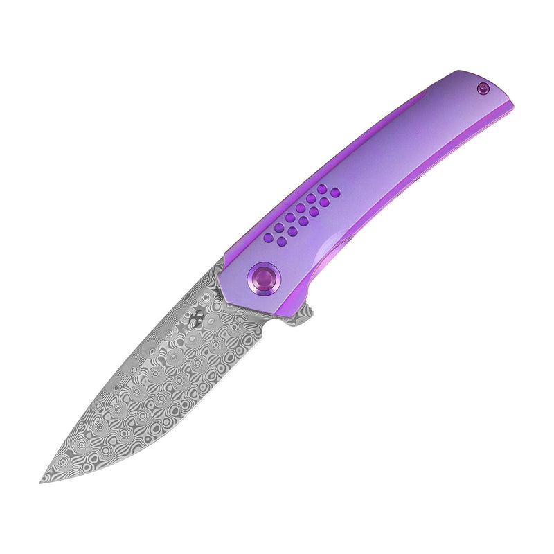 Tracer | Frame Lock | Purple Anodized Titanium | 3.46" Rose Pattern Damascus | Tuff Knives | K1115A3