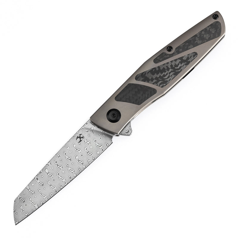 KANSEPT Cru Flipper Knife Bronze Anodized Titanium & Twill Carbon Fiber Handle(3.46''Damascus Blade) Villella Knives Design-K1092A4